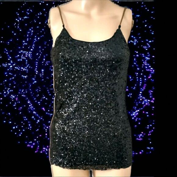 Y2K Sequin Fitted Top Chain Straps S Mesh Back Semi Sheer Black Sleeveless Disco - Picture 1 of 16
